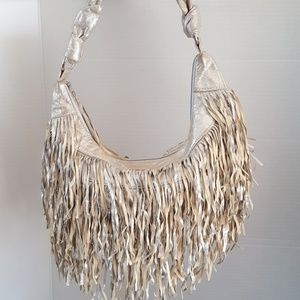 Bebe Silver Leather Fringe Hobo Bag/Purse